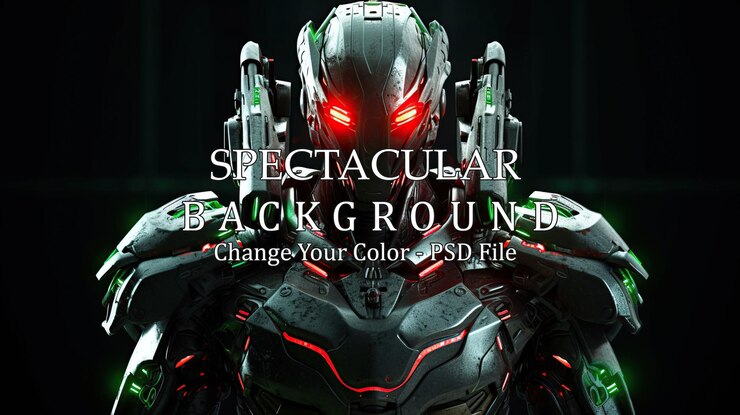 PSD futuristic robot with red eyes and sleek metallic armor design