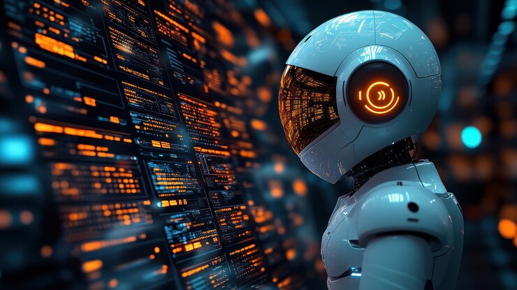 PSD a futuristic robot with a white helmet and a glowing orange visor is looking at a large screen with digital data on it