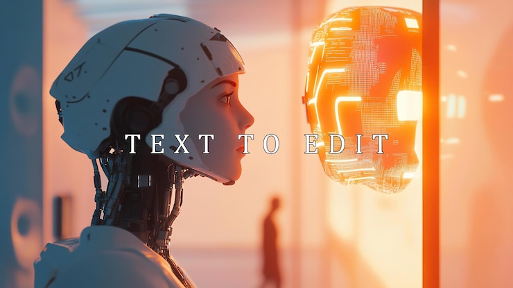 PSD futuristic robot woman gazing at a glowing holographic face in a modern space