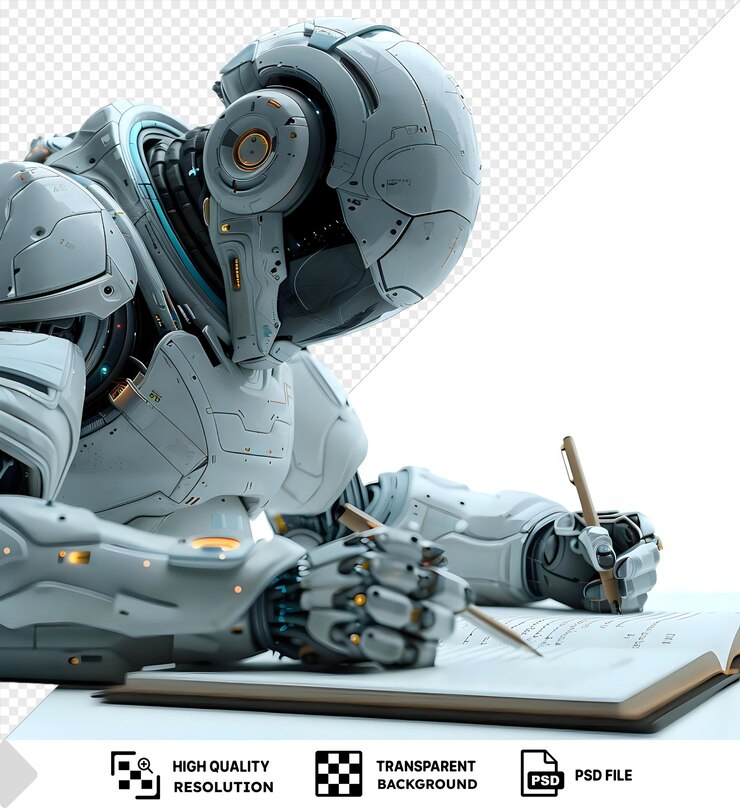 PSD futuristic robot writes in notebook with transparent background