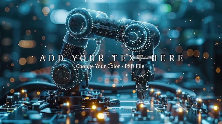 PSD futuristic robotic arm assembling a circuit board