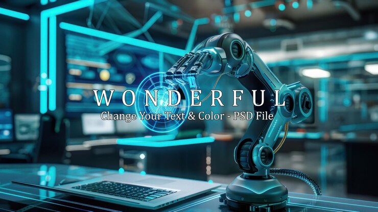 PSD futuristic robotic arm interacting with digital interface in a modern tech lab