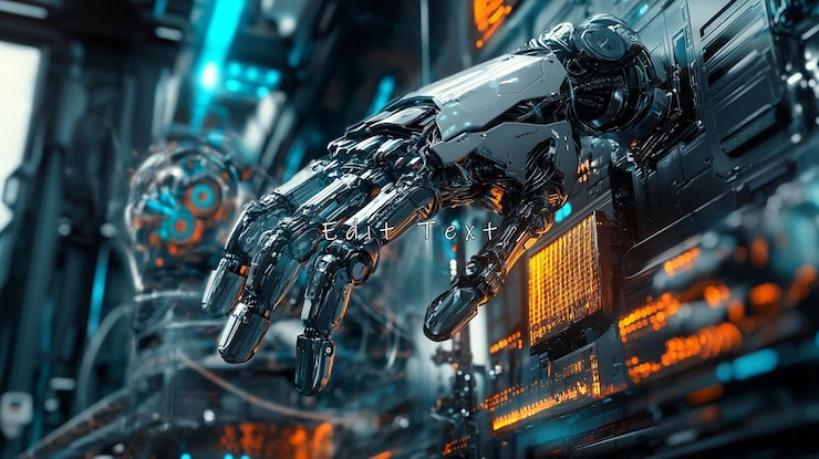 PSD futuristic robotic arm in a technological environment