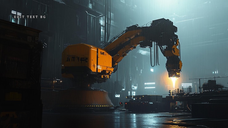 PSD futuristic robotic arm welding in a dark industrial factory