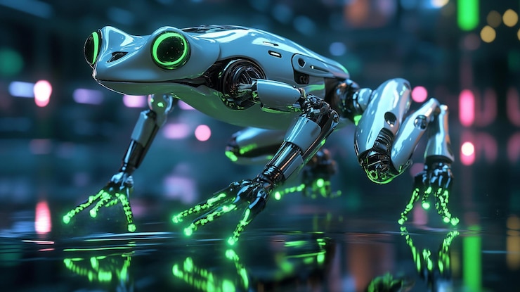 PSD futuristic robotic frog with glowing green accents walking on a reflective surface in a city at night