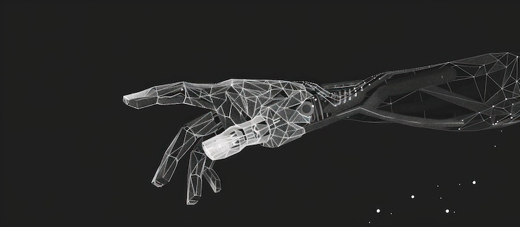 PSD a futuristic robotic hand reaching out made of wireframe isolated on a black background with white specks