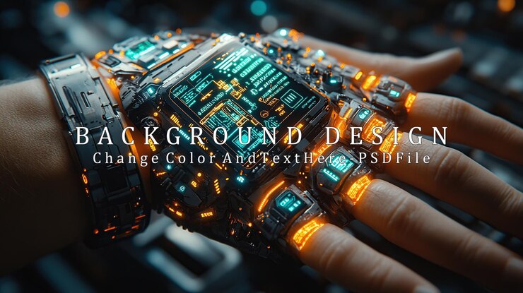 PSD a futuristic robotic hand with glowing interfaces and screens