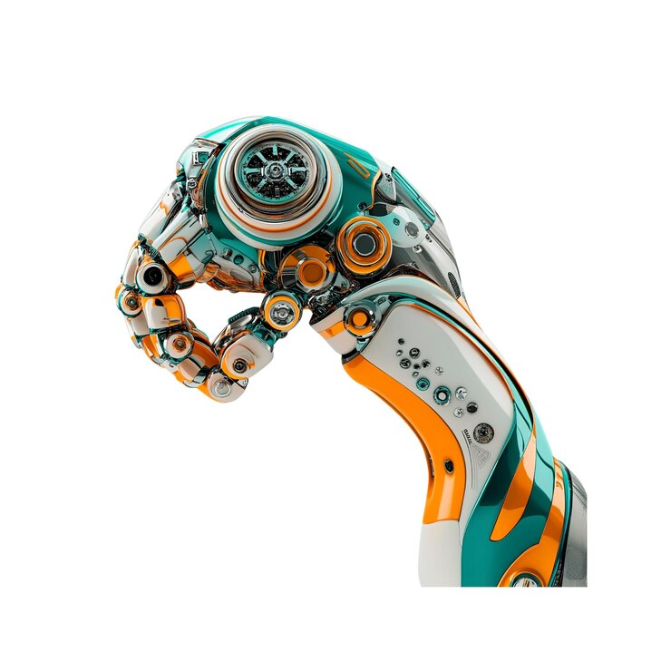 PSD futuristic robotic hand with teal and orange accents closeup 3d render