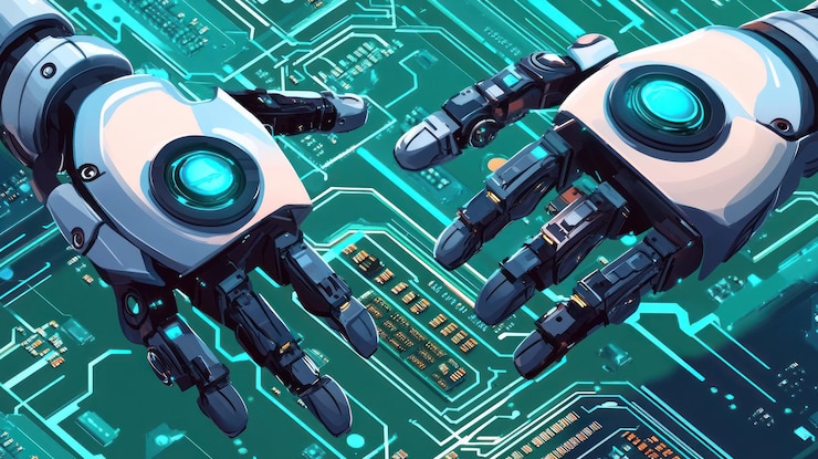 PSD futuristic robotic hands over a circuit board