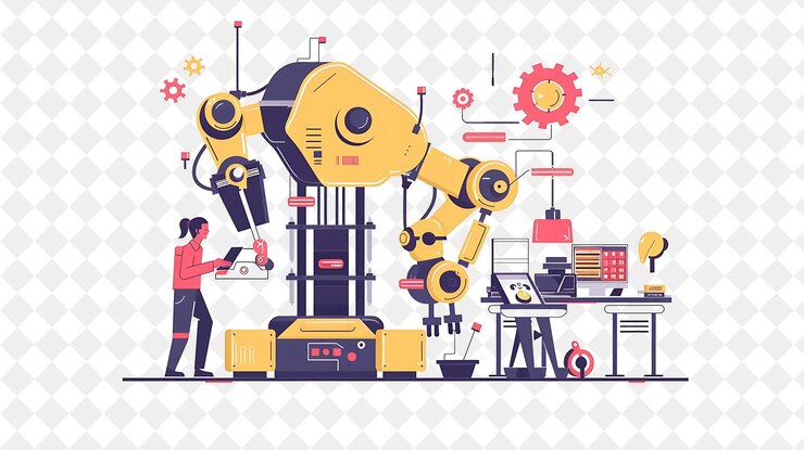 PSD futuristic robotics engineer with characters building and pr png people in daily work illustration