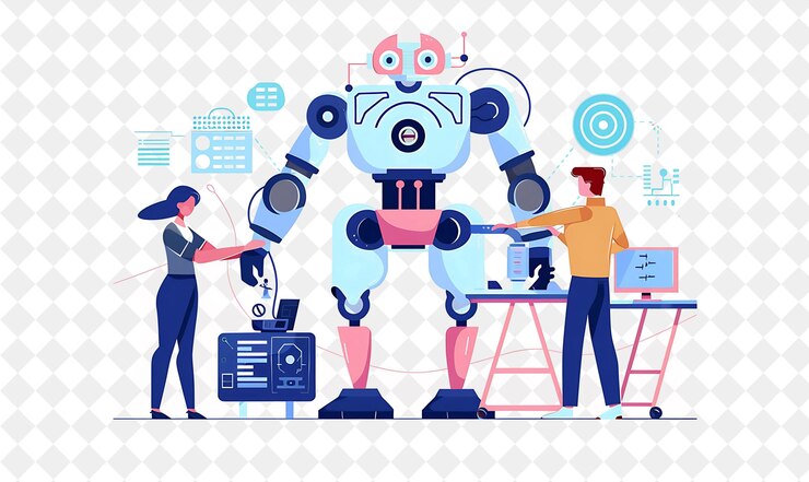 PSD futuristic robotics engineer with characters building and pr png people in daily work illustration