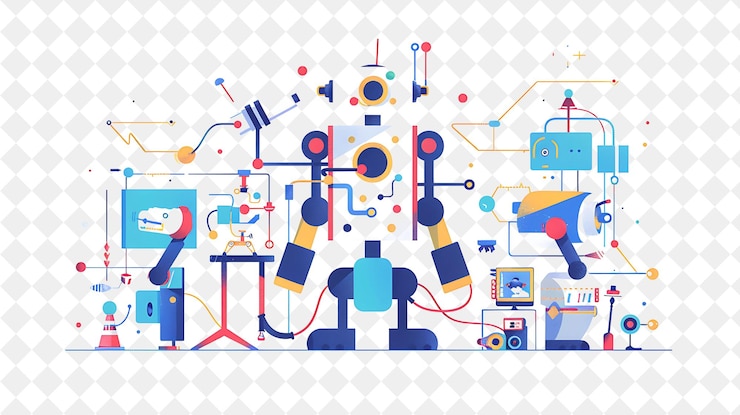 PSD futuristic robotics engineer with characters building and pr png people in daily work illustration