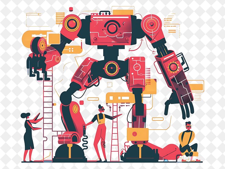 PSD futuristic robotics engineer with characters building and pr png people in daily work illustration