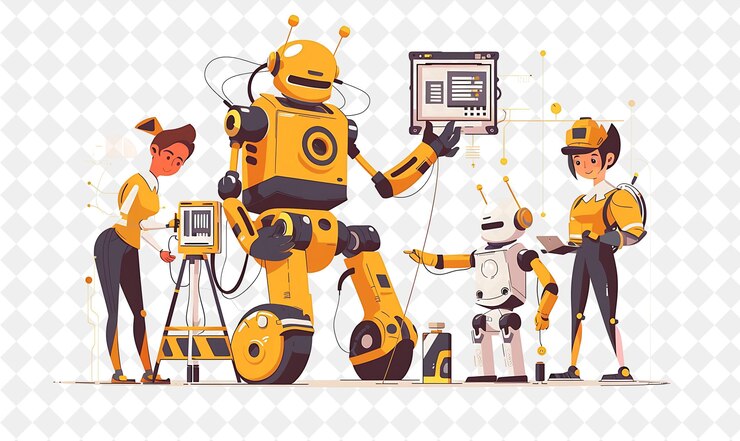PSD futuristic robotics engineer with characters building and pr png people in daily work illustration
