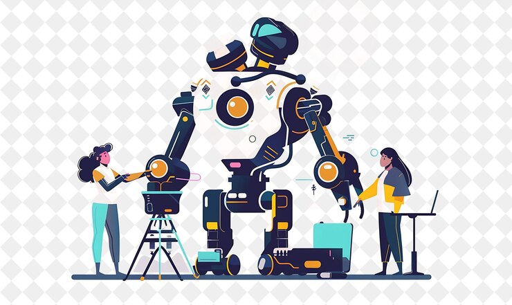 PSD futuristic robotics engineer with characters building and pr png people in daily work illustration