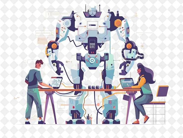 PSD futuristic robotics engineer with characters building and pr png people in daily work illustration
