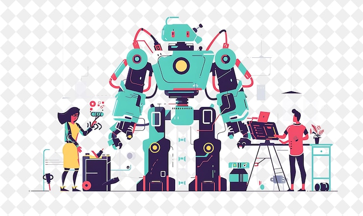 PSD futuristic robotics engineer with characters building and pr png people in daily work illustration