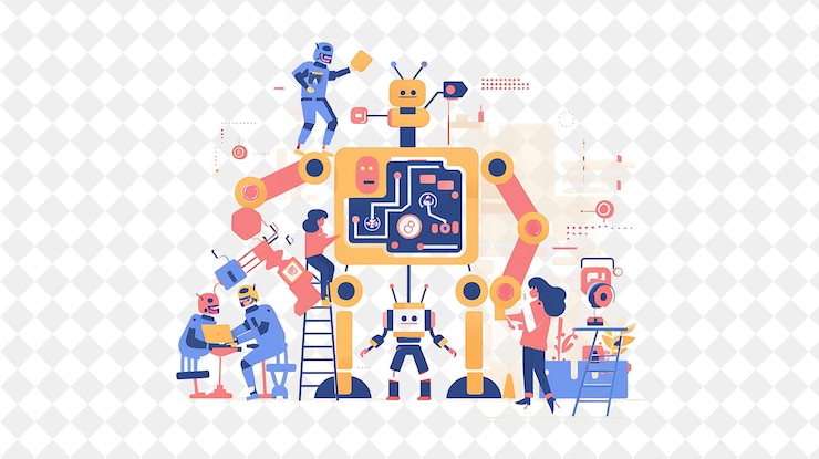 PSD 未来のロボット工学 エンジニア キャラクタービルディングとpngの人々 日々の仕事のイラスト