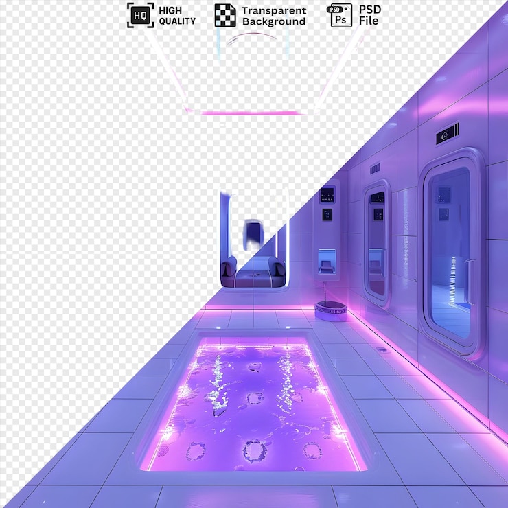 PSD futuristic room with a pool and glowing pink lights featuring three pods with doors a ceiling with neon lights and a white tiled floor rendered in 3d and isolated on a transparent background