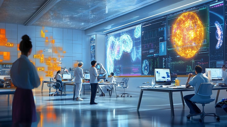 PSD futuristic science lab with researchers working on holographic displays