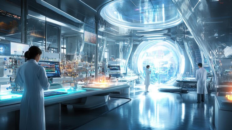 PSD futuristic scientists working in a hightech laboratory with advanced equipment and a large holographic earth display