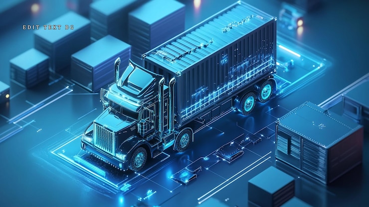 PSD futuristic semitruck on digital circuit board representing smart logistics and transportation technology