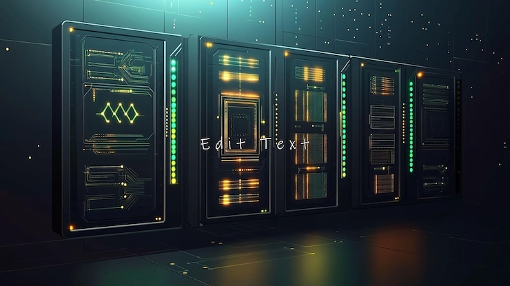 PSD futuristic server racks with glowing interfaces in a dark room
