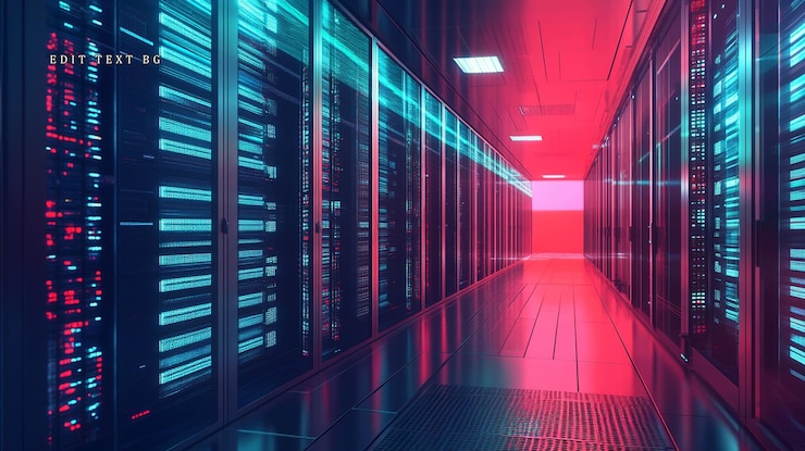 PSD futuristic server room corridor with glowing data streams
