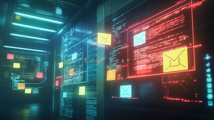 PSD futuristic server room displays email data streams