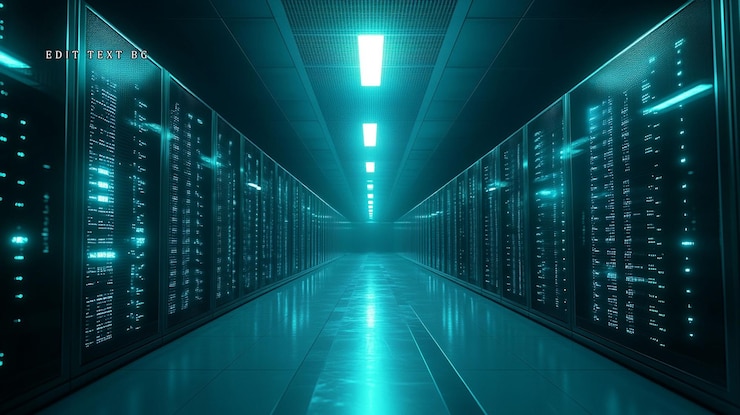 PSD futuristic server room with glowing data streams on racks long corridor
