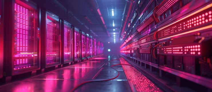 PSD futuristic server room with glowing pink lights and metal grid floor