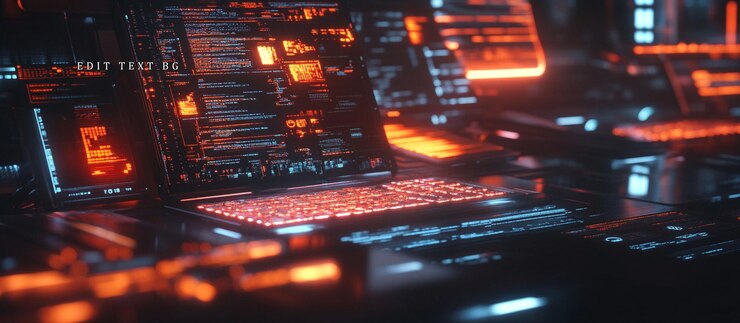 PSD futuristic server room with glowing screens displaying complex code