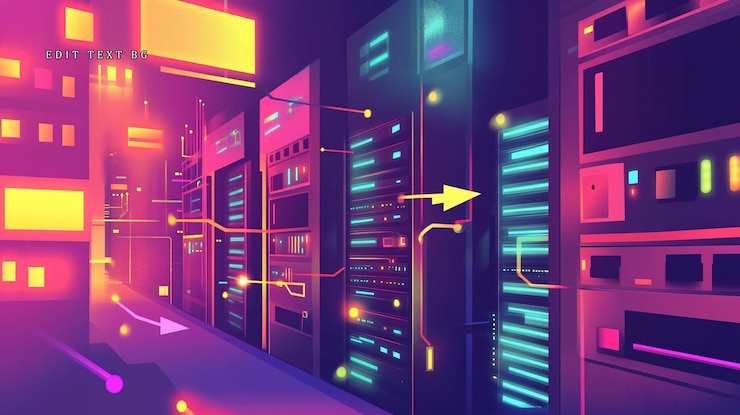 PSD futuristic server room with neon lights and interconnected data flow