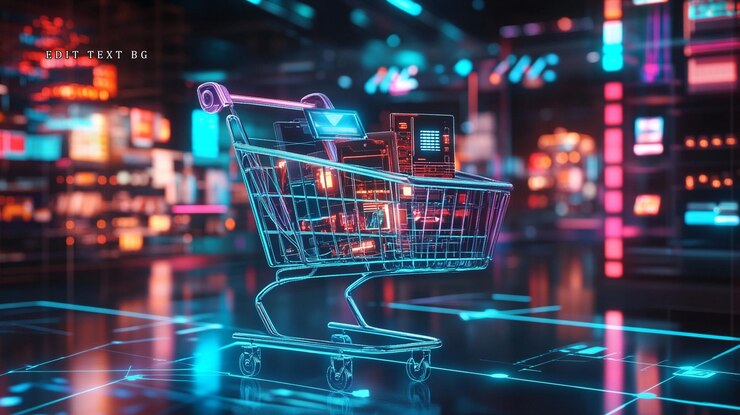 PSD futuristic shopping cart filled with electronics in a neonlit digital store