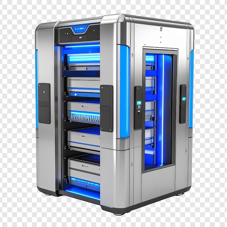 PSD futuristic silver container with neon lights sleek high tech design innovative science fiction equipment component environment