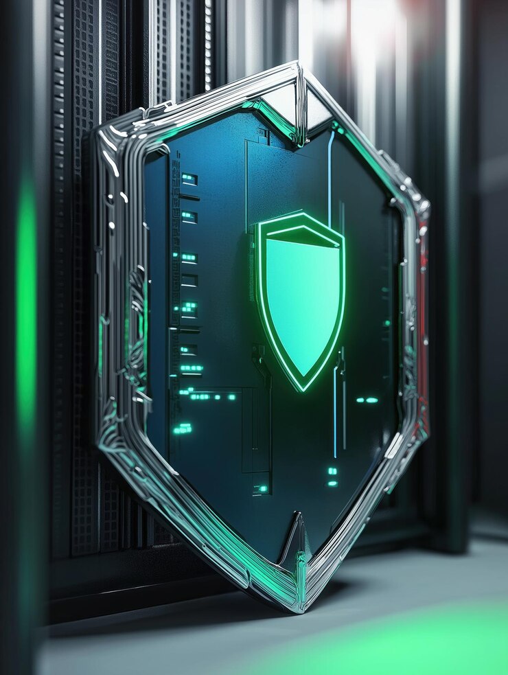 PSD futuristic silver shield with green glow central slightly tilted in transparent background 3d