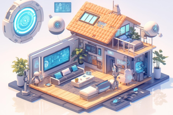 PSD a futuristic smart home with robotic assistants advanced technology and a comfortable living space