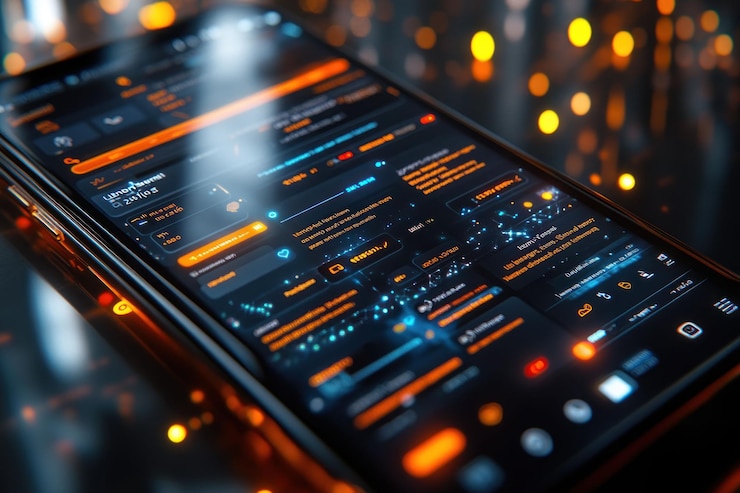 PSD a futuristic smartphone displaying a digital interface with glowing orange and blue accents