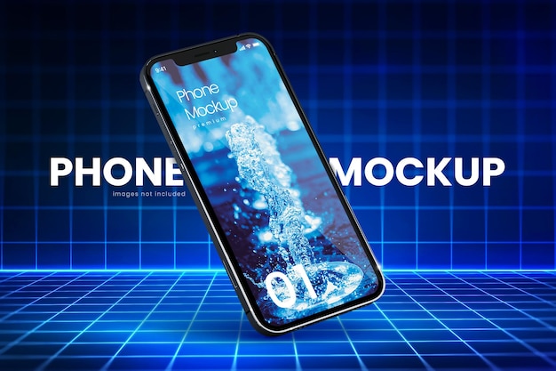 PSD futuristic smartphone mockup on neon grid background