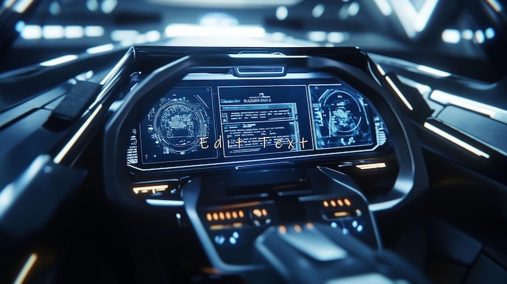 PSD futuristic spaceship cockpit with holographic displays and controls 1