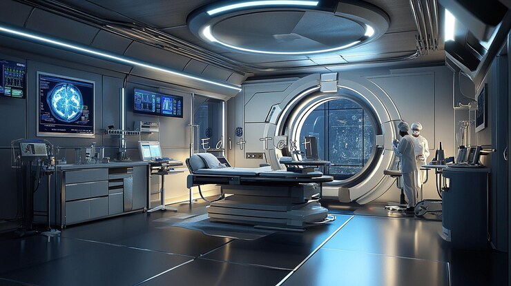 PSD futuristic spaceship medical bay with a doctor advanced equipment and a large circular window