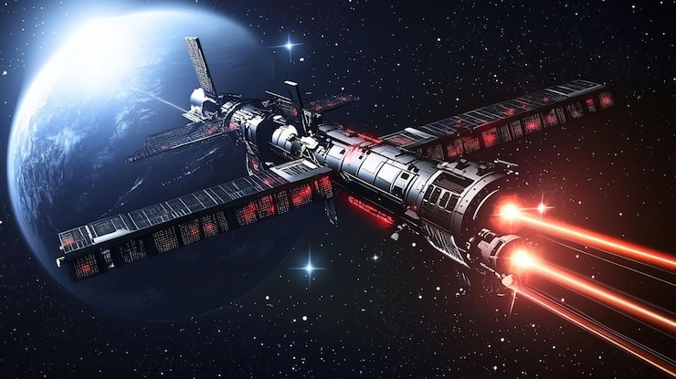 PSD futuristic spaceship with red engines orbiting a blue planet in outer space