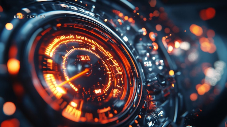 PSD futuristic speedometer with glowing orange needle and intricate details