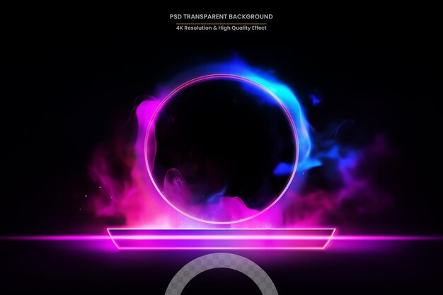 PSD futuristic stage with neon light circle frame and podium on water surface