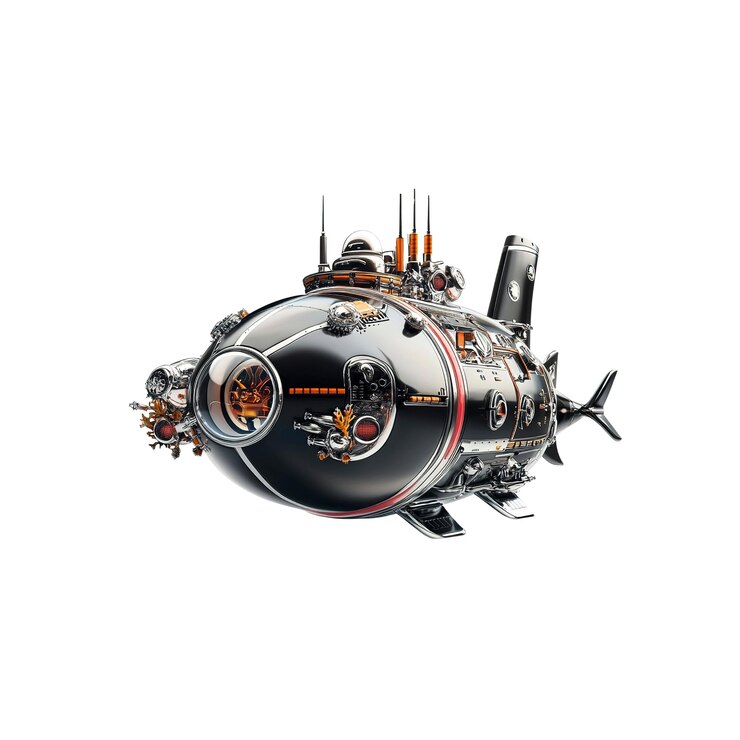 PSD futuristic steampunk submarine chrome and black deep sea vessel