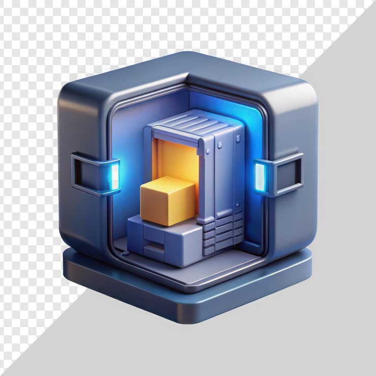 PSD futuristic storage container with illuminated features and compact design showcasing yellow box