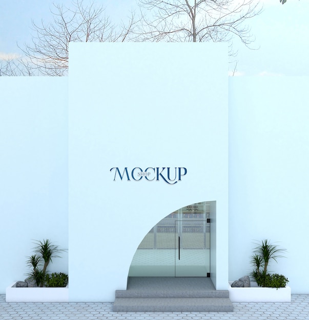 Futuristic store front with big logo
