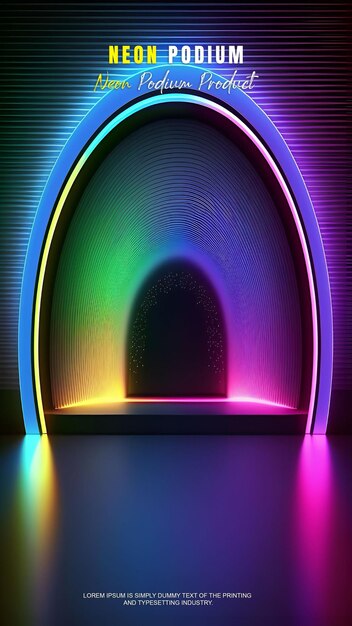 PSD futuristic story podium stage display mockup product presentation with neon light scene product