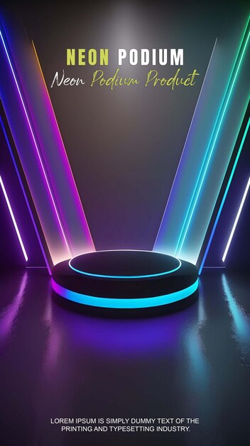 PSD futuristic story podium stage display mockup product presentation with neon light scene product