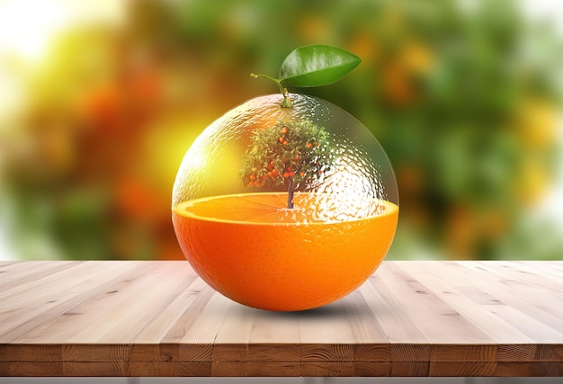 PSD futuristic style orange with glass on top inside mini orange tree isolated on wooden table with sun